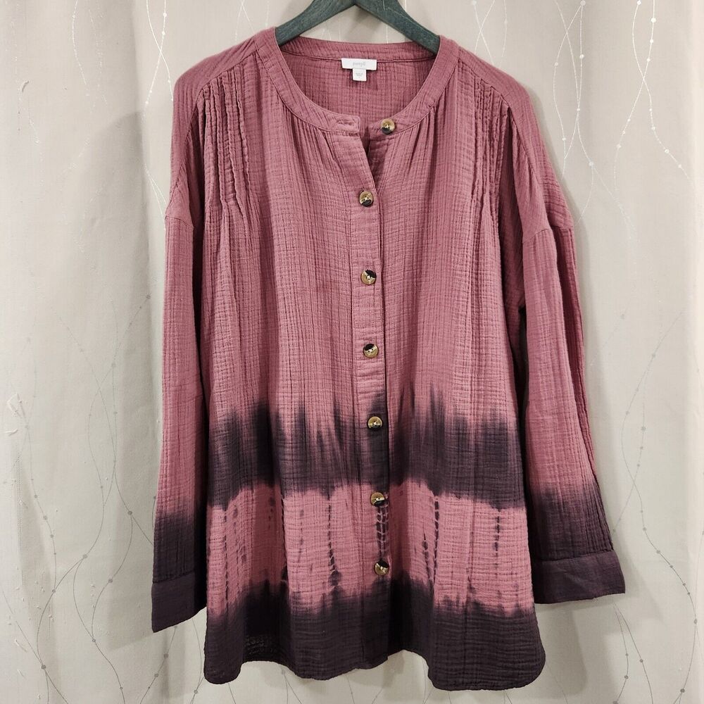 J. Jill Pure Jill Womens L Tie Dyed Double Cloth Tunic Top Long Sleeve‎ Purple